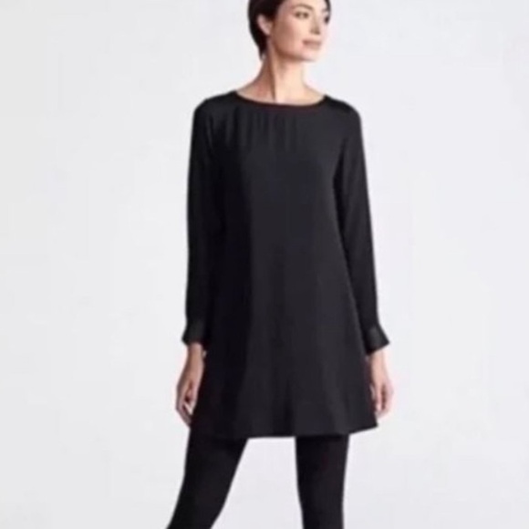 Eileen Fisher Long Sleeve Silk Bateau Neck Tunic Dress in Black Size Extra Small - Picture 12 of 12